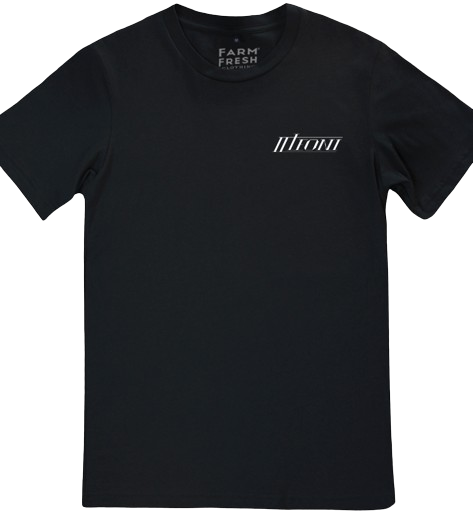 Front of 2 Lions T-Shirt (Black Shirt, White II Leoni Text Logo on Left Side of Chest)