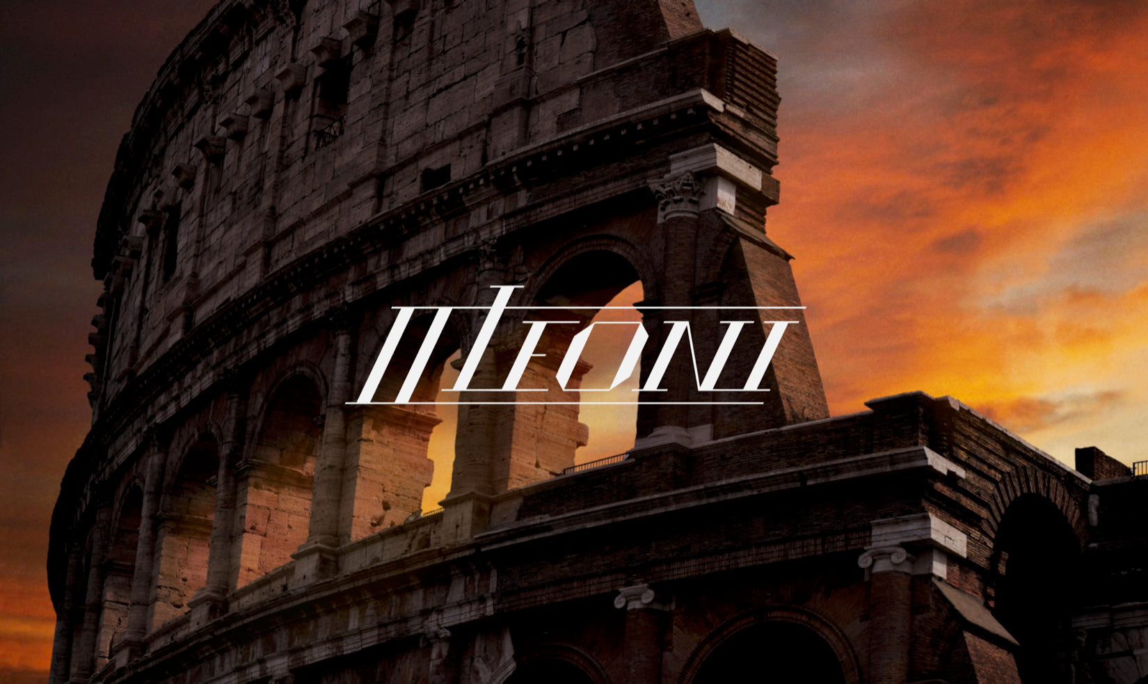 The Colosseum at dawn or dusk with the II Leoni Text Logo superimposed on top